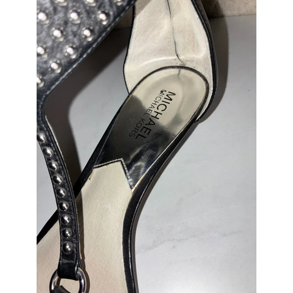 Michael Kors Black Studded T-Strap Wedge Sandals - 8.5 - Leather Edgy Glam Chic